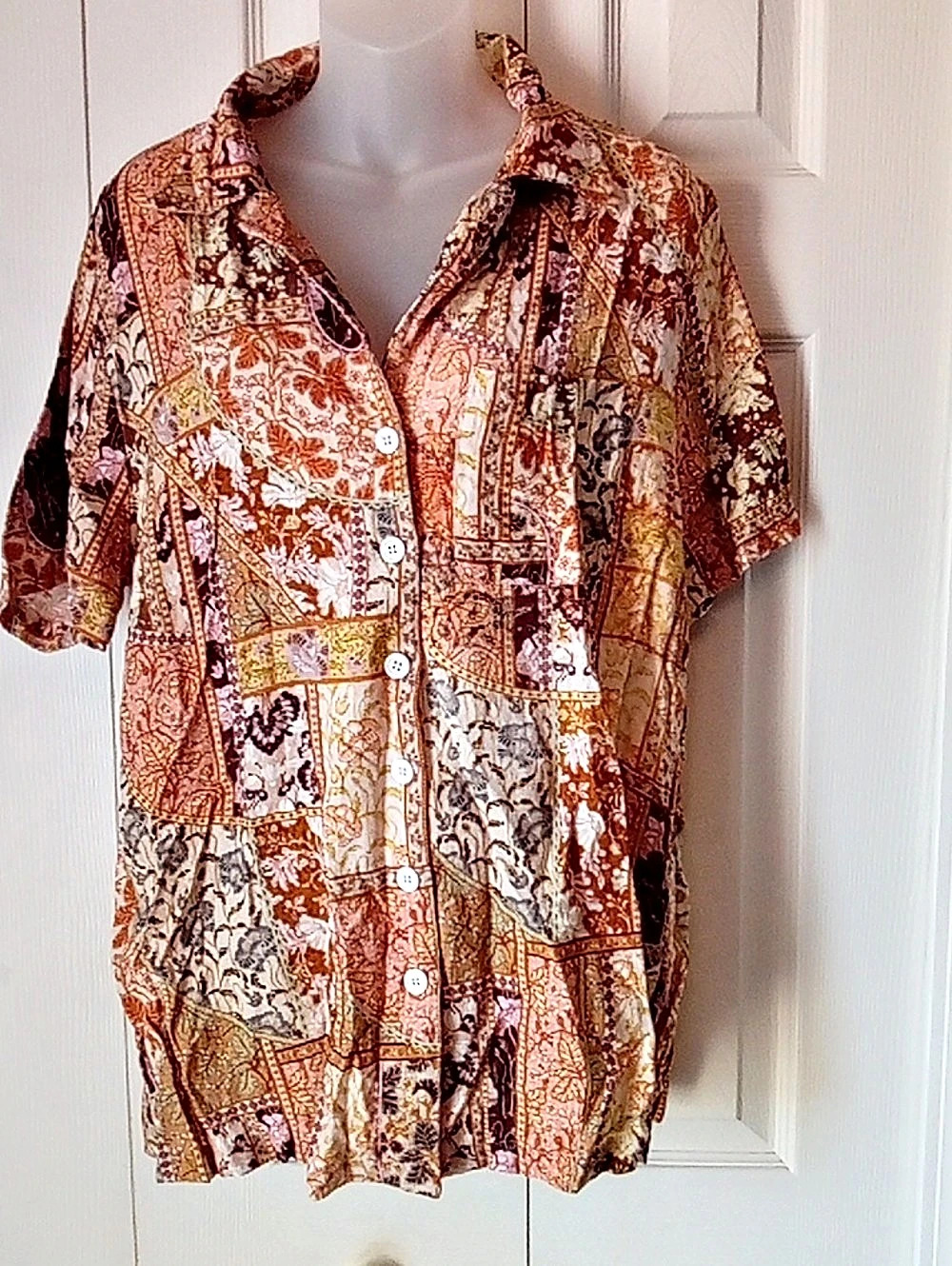 CIDER Vibrant Patchwork Paisley Print Oversized Short-Sleeve Button-Down Shirt